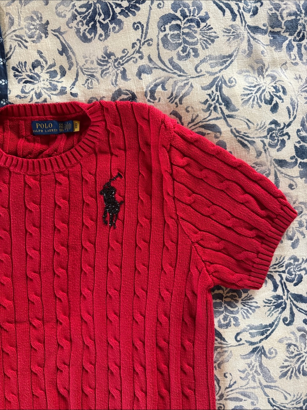 RL Red Beaded Big Pony Cable-Knit Crewneck Sweater Tee